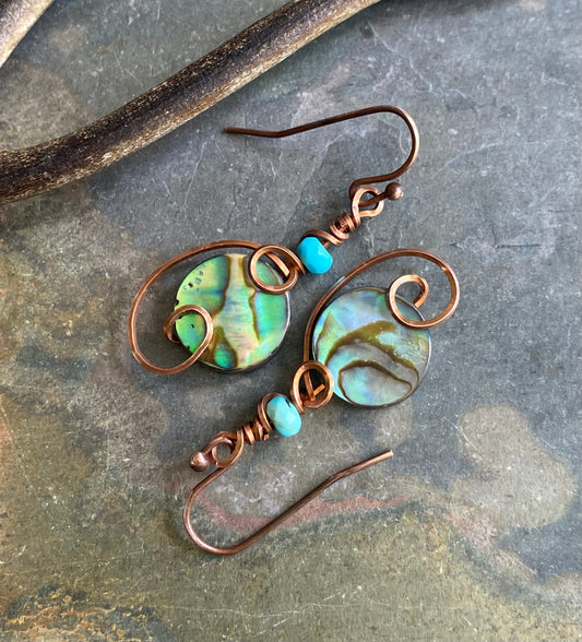 Abalone Earrings, Wire Wrapped Abalone Earrings in Antiqued Copper Wire, Abalone Paua Shell Earrings