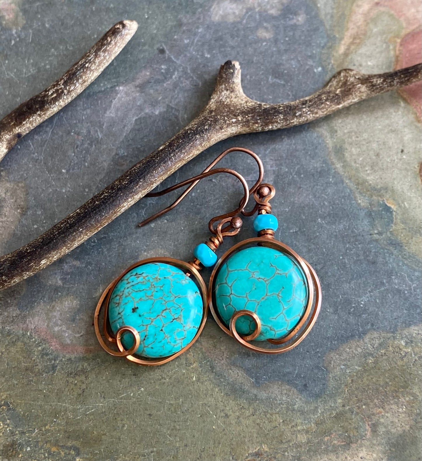 Wire Wrapped Turquoise Earrings, Howlite Turquoise Gemstone Dangle Earrings in Copper, Gemstone Copper Earrings