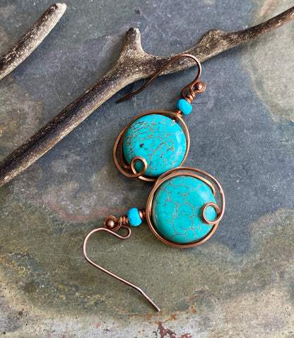 Wire Wrapped Turquoise Earrings, Howlite Turquoise Gemstone Dangle Earrings in Copper, Gemstone Copper Earrings