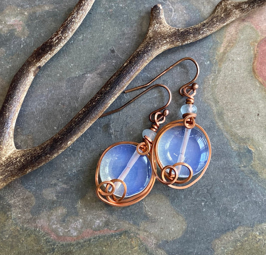 Wire Wrapped Opalite Earrings, Opalite Dangle Earrings in Copper, Gemstone Copper Earrings