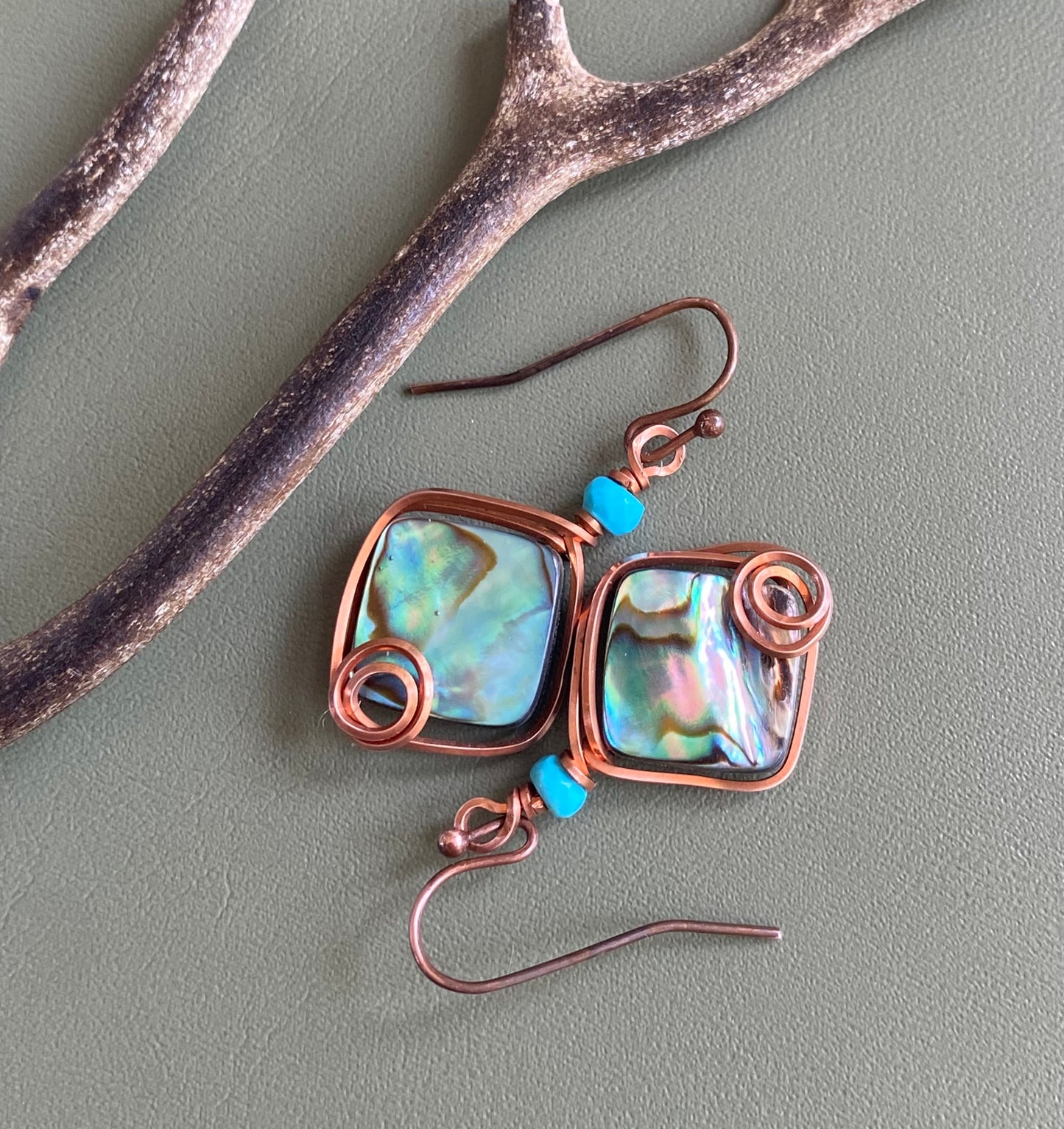 Abalone Earrings, Wire Wrapped Abalone Earrings in Antiqued Copper Wire, Abalone Paua Shell Earrings