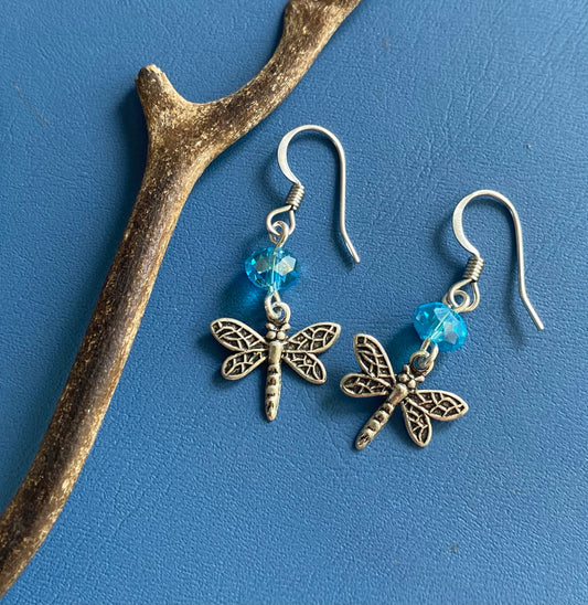 Dragonfly Earrings with Crystals, Dragonfly and Crystal Silver Earrings,Dragonfly Dangle drop Earrings, Insect Jewelry,Woodland Earrings