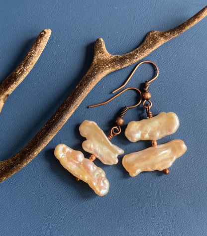 Biwa stick pearls soft ivory color Drop Earrings, Stick Pearl Copper Dangling Earrings,Pearl Earrings