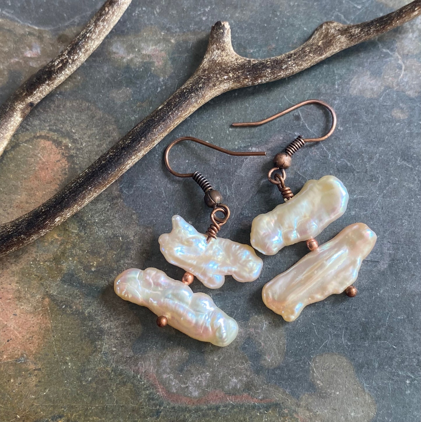 Biwa stick pearls soft ivory color Drop Earrings, Stick Pearl Copper Dangling Earrings,Pearl Earrings