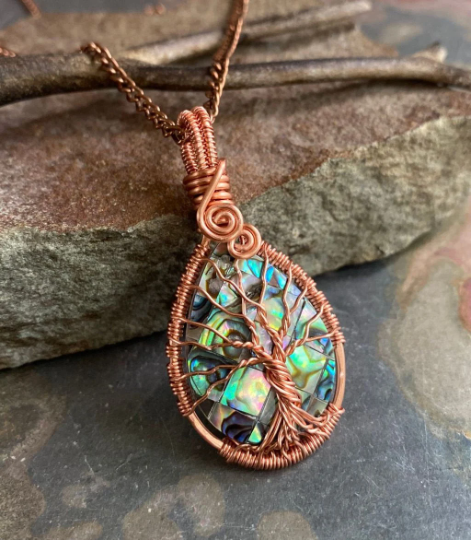 Abalone Tree of Life Copper wire Pendant, Wire Wrapped Abalone Paua Tree of Life Pendant Necklace, Tree of Life Pendant