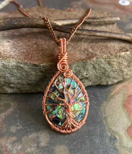 Abalone Tree of Life Copper wire Pendant, Wire Wrapped Abalone Paua Tree of Life Pendant Necklace, Tree of Life Pendant