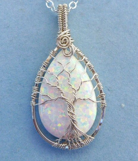 STERLING SILVER White Opal Necklace, Valentine Gift, October Birthstone Necklace, Opal Tree of Life Necklace