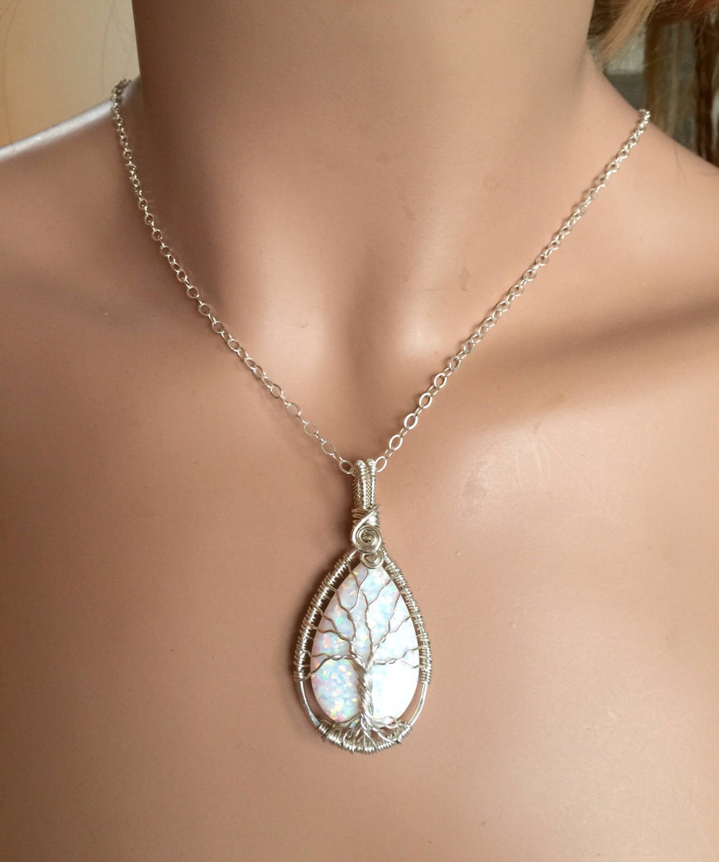 STERLING SILVER White Opal Necklace, Valentine Gift, October Birthstone Necklace, Opal Tree of Life Necklace