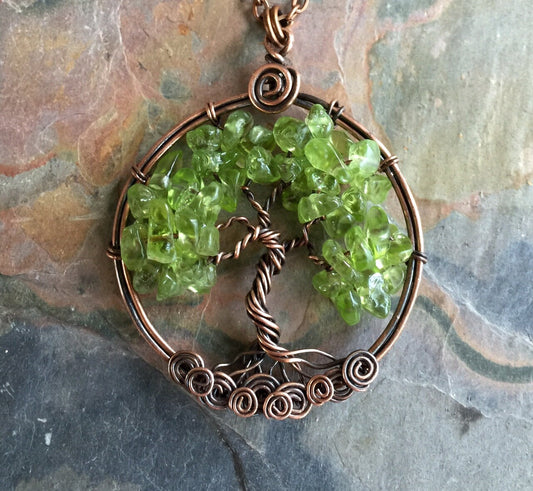 READY SHIP in 1 to 2 days, Peridot Tree of Life Pendant Antiqued Copper,Wire Wrapped Peridot Tree of life Necklace,August Birthstone Peridot
