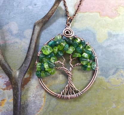 Peridot Tree of Life Copper Necklace,Peridot/Dark Jade Tree of Life Antiqued Copper Pendant,Wire Wrapped August Birthstone Tree of Life