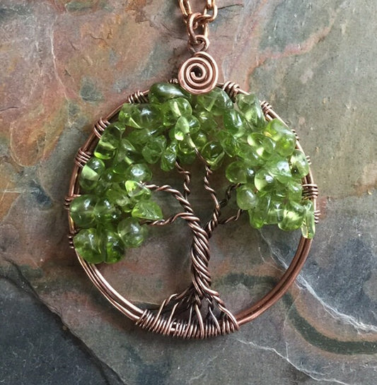 Peridot Tree of Life Antiqued Copper Necklace,Peridot Tree of Life Pendant,Wire Wrapped Peridot Necklace,August Birthstone Tree of Life