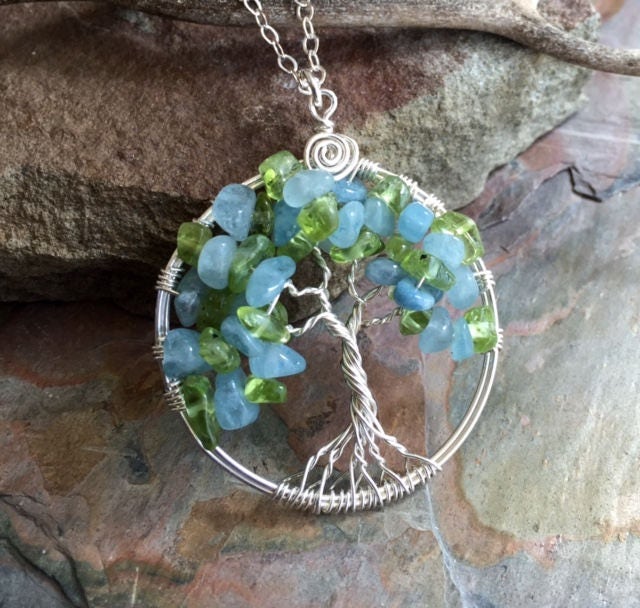 Sterling Silver Tree of Life Pendant Aquamarine/Peridot Gemstone Tree of Life Pendant Necklace- March Birthstone,March Birthday Gift for her
