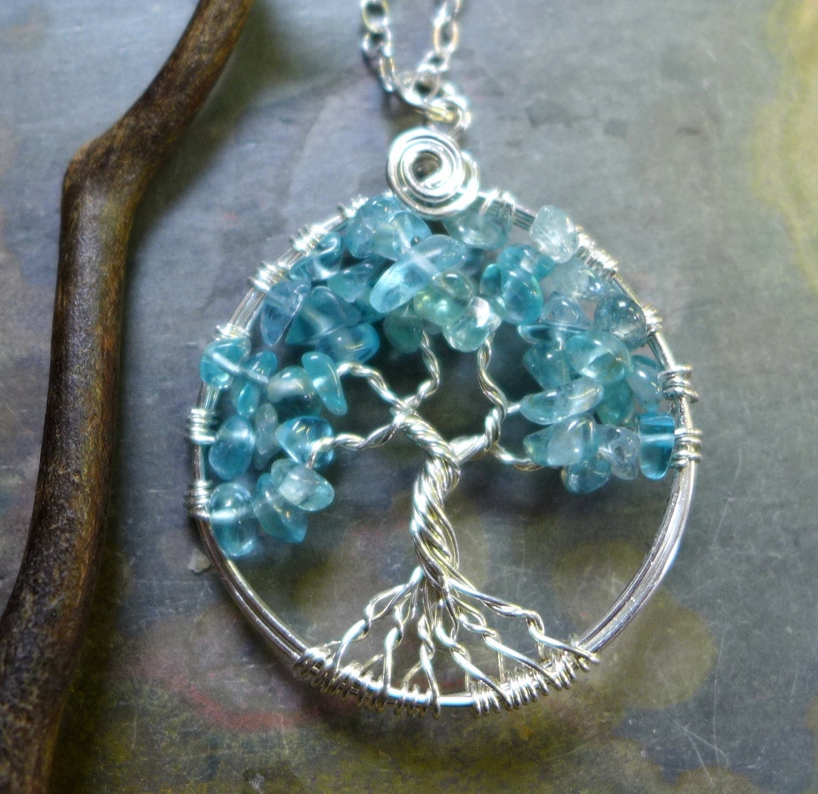 Aquamarine/Apatite Necklace in Sterling Silver, March Tree of Life Necklace, Aquamarine /Apatite Tree of Life Necklace in Silver