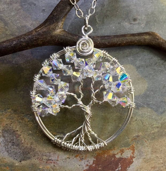 Sterling Silver Petite-Mini-Crystal Tree of Life Pendant -Wire Wrapped Crystal Tree of life Jewelry- April Birthstone,Bridal  Necklace