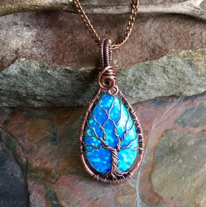 Opal Pendant Necklace in Antiqued Copper ,Simulated Blue Opal Tree of Life Necklace Copper wire,Synthetic Opal Tree of Life,Graduation Gift