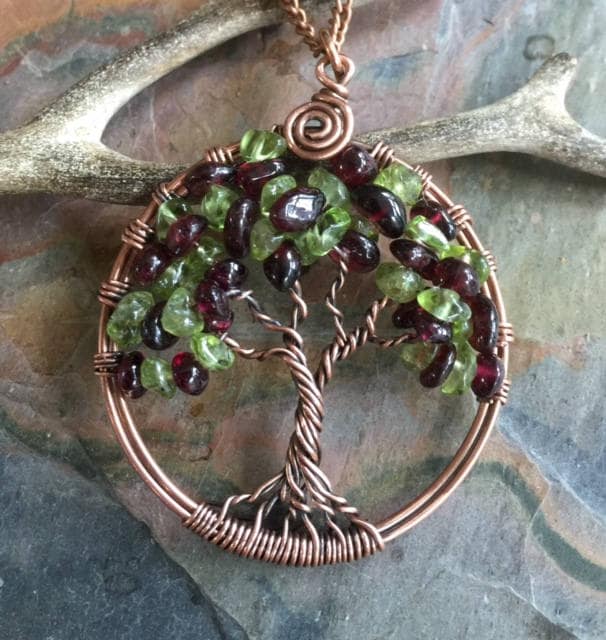 Garnet Necklace,Garnet/Peridot Tree of Life Necklace,Garnet Tree of Life Pendant in Copper,January Birthstone Necklace,Garnet Jewelry