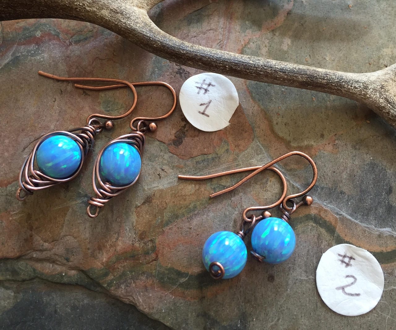 Blue Opal earrings in Antiqued Copper ,Simulated Opal dangling earrings in Copper wire,Synthetic Blue Opal earrings,Mothers Day Gift