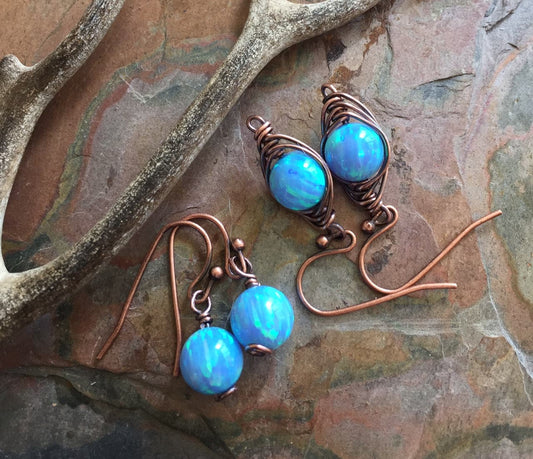 Blue Opal earrings in Antiqued Copper ,Simulated Opal dangling earrings in Copper wire,Synthetic Blue Opal earrings,Mothers Day Gift