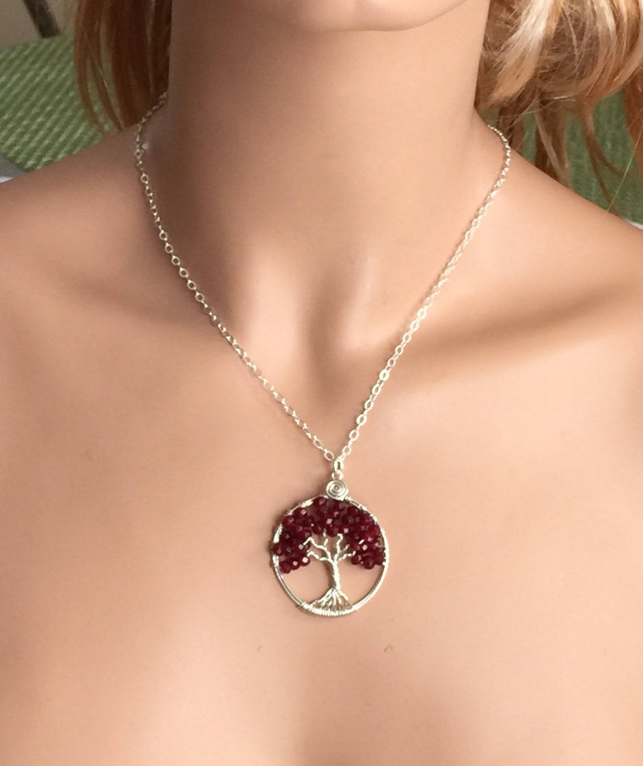 Garnet Necklace,Garnet Pendant,Garnet Tree of Life Necklace with .925 Sterling Silver Chain,Petite/Small January Birthstone Tree of Life