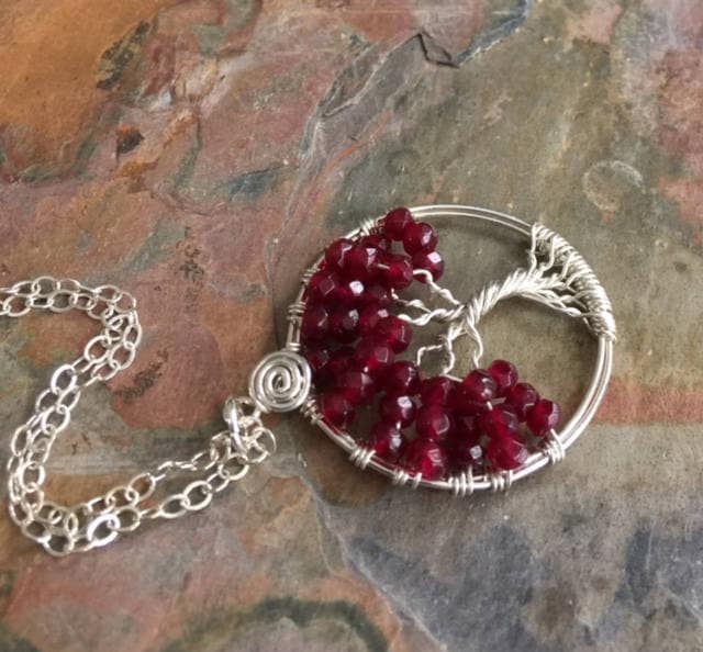 Garnet Necklace,Garnet Pendant,Garnet Tree of Life Necklace with .925 Sterling Silver Chain,Petite/Small January Birthstone Tree of Life