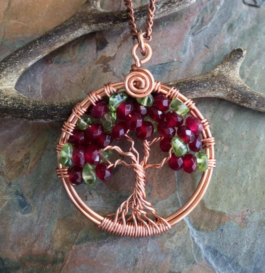 Garnet Nevklace,Garnet/Peridot Tree of Life Necklace,Wire Wrapped Garnet Tree of Life,January and August Birthstone Tree life,Garnet Jewelry