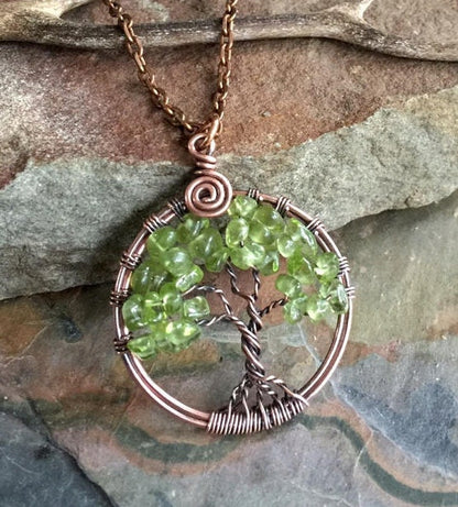 Petite-Mini-Small Peridot Tree of Life Pendant Antiqued Copper,Wire Wrapped Peridot Tree of life Necklace,August Birthstone,Graduation Gift