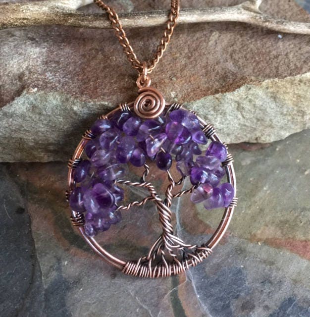 Amethyst Necklace,Amethyst Tree of Life Necklace,Wire Wrapped Amethyst Tree of Life Pendant in Antiqued Copper,February Birthstone