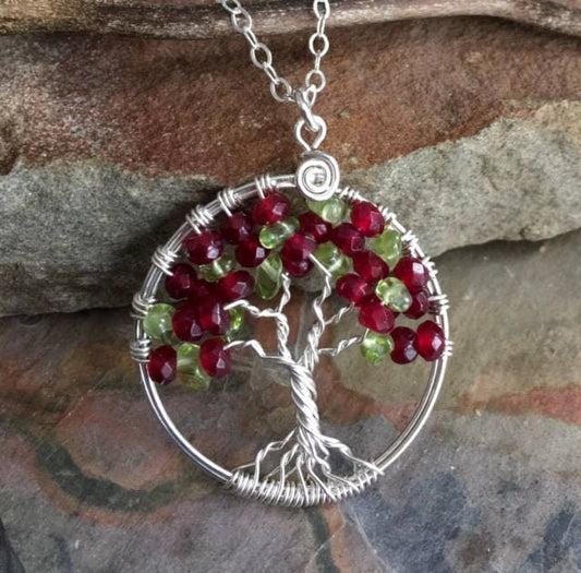 Garnet/Peridot Tree of Life Sterling Silver Necklace,Wire Wrapped Garnet Necklace,January Birthstone Necklace,Garnet Necklace,Peridot