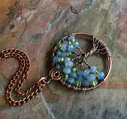 Aquamarine/Peridot Tree of Life Necklace,Mini/Petite Aquamarine/Peridot Tree of Life Antiqued Copper Necklace,March Birthstone Necklace