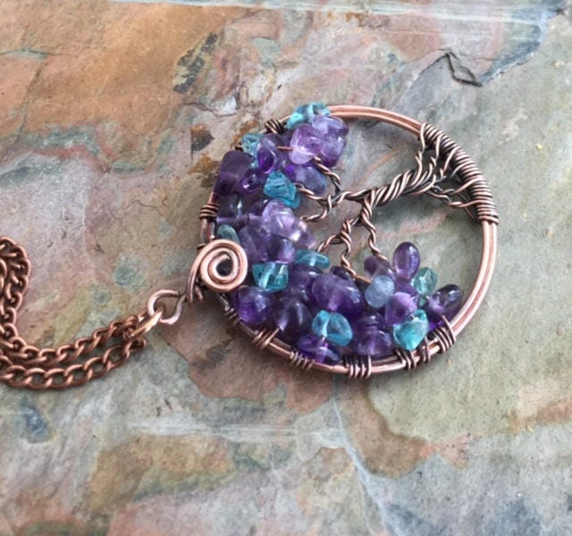 Amethyst Apatite Tree of Life Necklace,Amethyst Tree of Life Necklace,Wire Wrapped Amethyst Apatite Necklace- February,March Birthstone