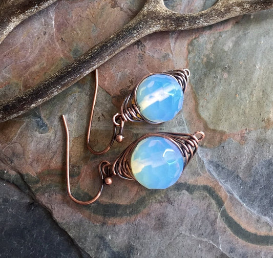 Wire Wrapped Opalite Earrings in Antiqued Copper, Wire Wrapped Blue Opalite Herringbone Earrings, Opalite Danging Earrings in Copper