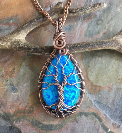 Opal Pendant Necklace in Antiqued Copper ,Simulated Blue Opal Tree of Life Necklace Copper wire,Synthetic Opal Tree of Life,Graduation Gift
