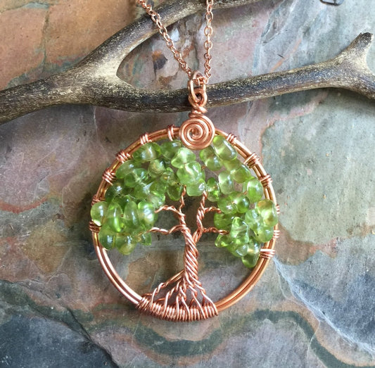 Tree of Life Pendant,Peridot bright Copper Pendant Necklace,August Birthstone,Wire Wrapped Tree of Life