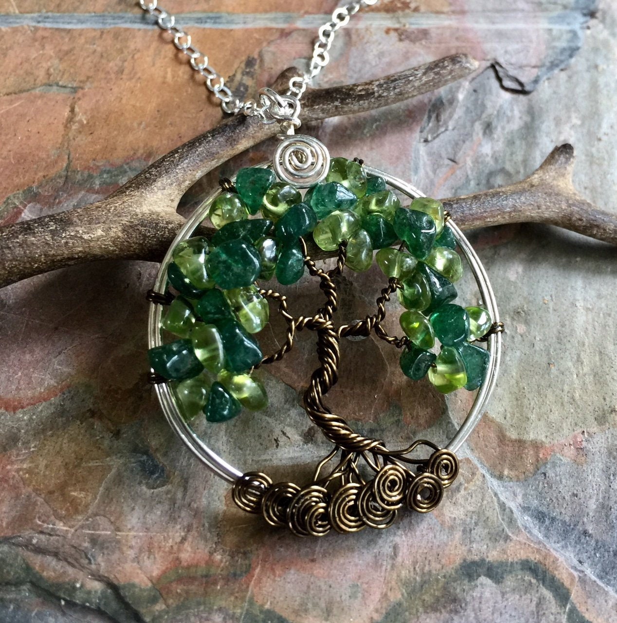 Peridot / Dark Jade Tree of Life Pendant - Wire Wrapped Peridot Gemstone Necklace- August Birthstone, May Birthstone