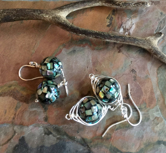 Abalone Earrings, Abalone Dangle/Drop Earrings in Sterling Silver,Abalone Mosaic Silver Earrings,Abalone Shell Earrings, Abalone Jewelry