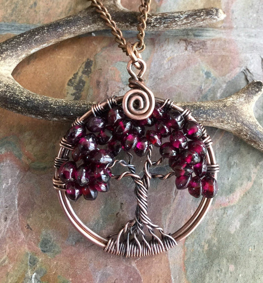 Garnet Necklace in Copper,Garnet tree of Life Necklace,Wire Wrapped Garnet Tree of Life,January Birthstone Tree of Life Jewelry, Red Garnet
