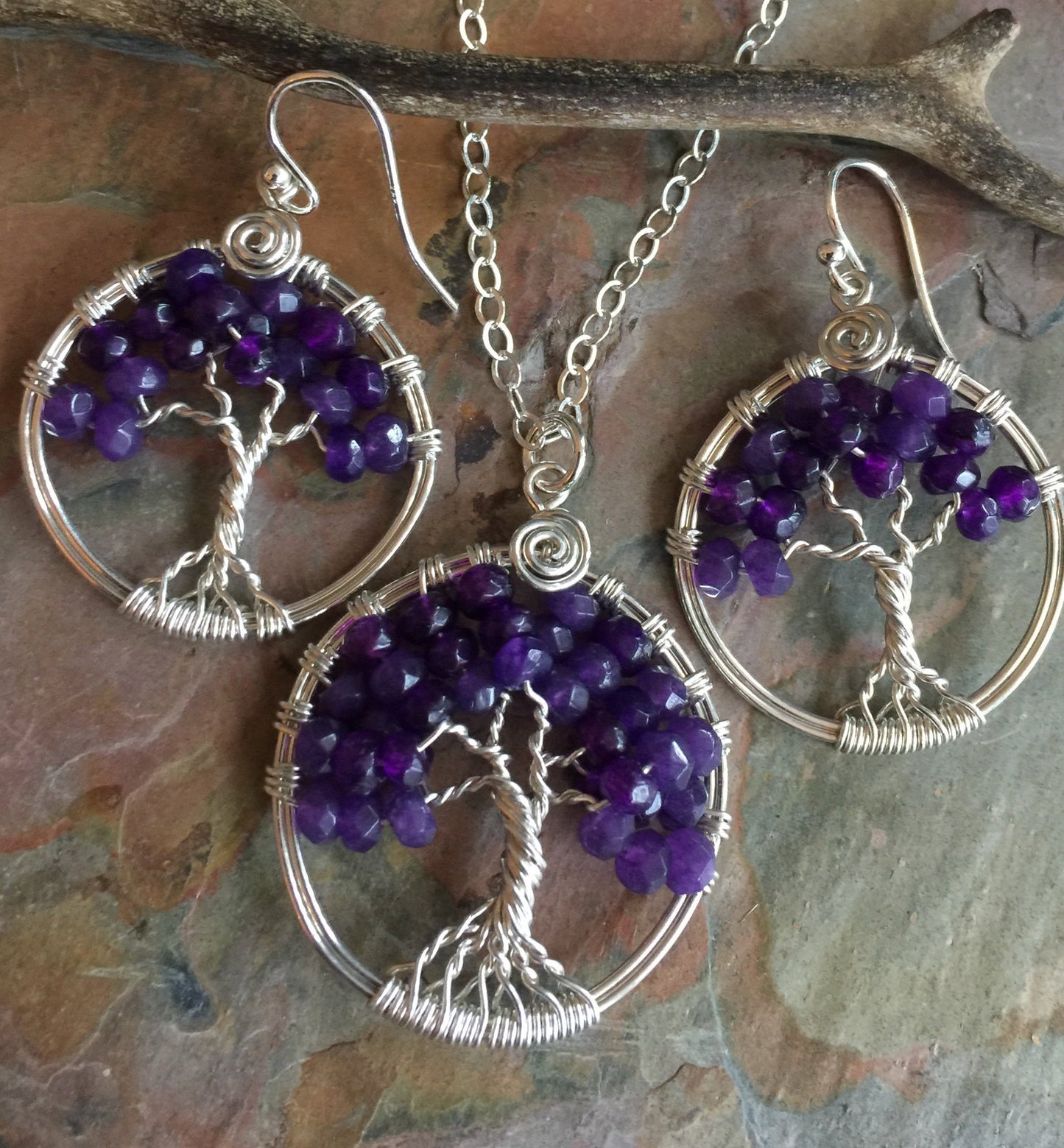 Amethyst Necklace,Amethyst Tree of Life Necklace,February Birthstone Necklace Sterling Silver,Amethyst Earrings,Amethyst Tree Life Earrings