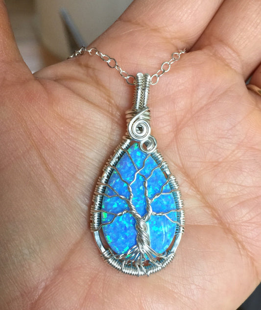 Blue Opal Necklace sterling silver,Wire Wrapped Synthetic Blue Opal Tree of Life Necklace,October Birthstone,Opal Jewelry,Blue Opal Earrings