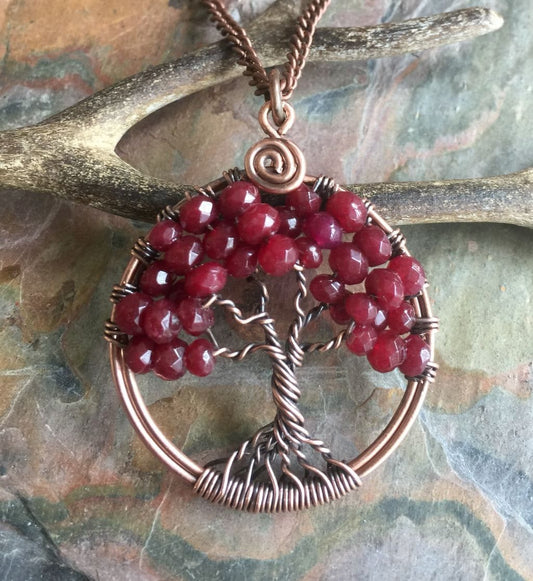 Ruby Necklace,Ruby Tree of Life Necklace Antiqued Copper, Valentine Necklace, Red Pendant Necklace,July Birthstone Necklace, Ruby Jewelry