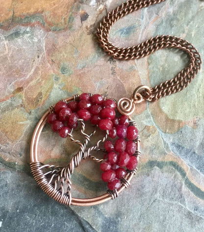 Ruby Necklace,Ruby Tree of Life Necklace Antiqued Copper, Valentine Necklace, Red Pendant Necklace,July Birthstone Necklace, Ruby Jewelry