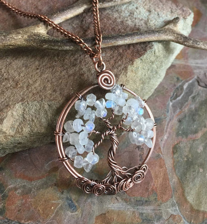 Moonstone Tree Necklace in Antiqued Copper, April and June Birthstone Necklace,Moonstone/Quartz Necklace,Holiday Tree of Life Necklace