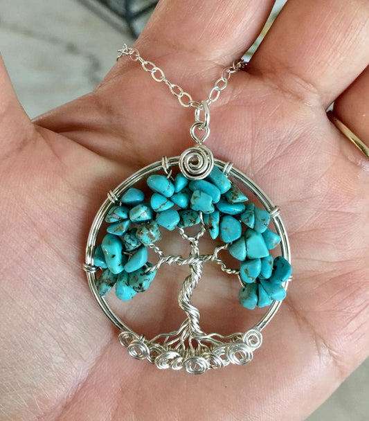 Turquoise Tree of Life Necklace Sterling Silver,Wire Wrapped Turquoise Tree of Life Necklace, December Birthstone Tree of Life Necklace
