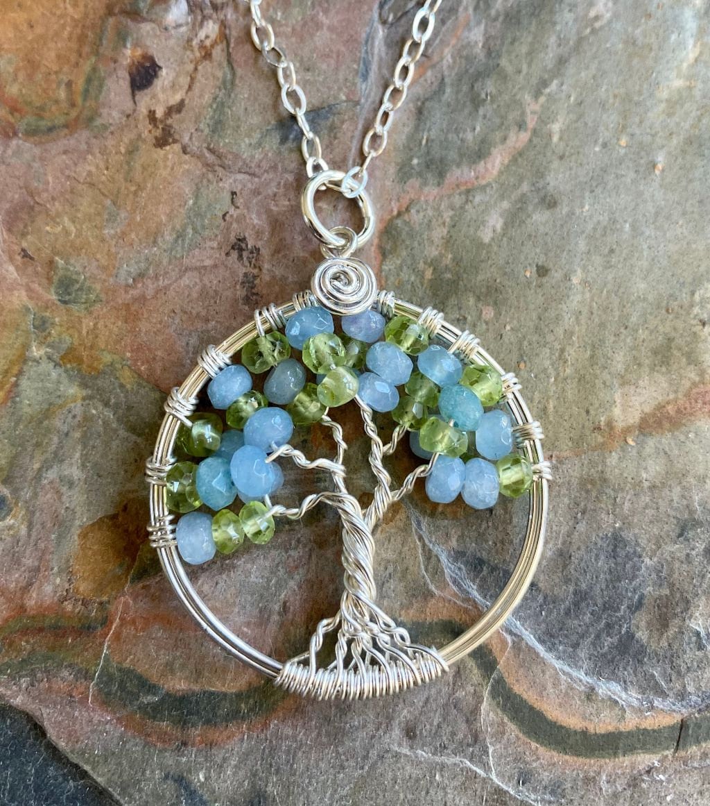 Peridot Moonstone Tree of Life Necklace Sterling Silver,March Birthstone Necklace,August Birthstone Necklace, Aquamarine Peridot Necklace