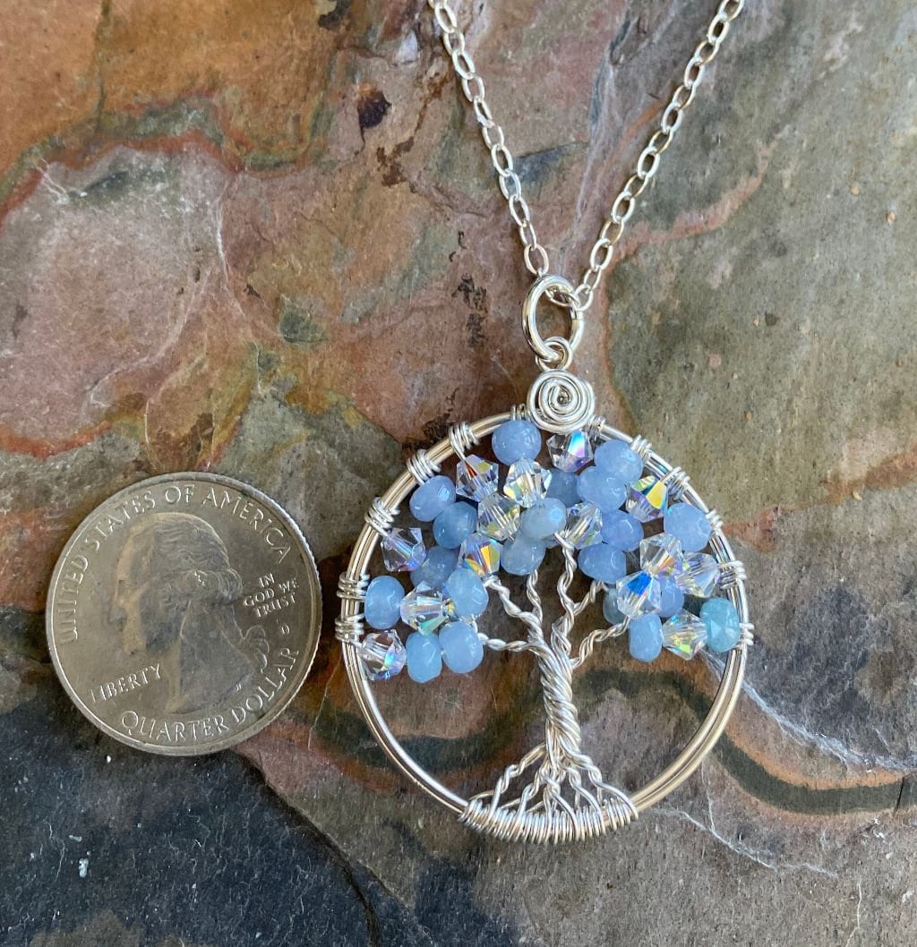 Aquamarine Crystal Tree of Life Necklace Sterling Silver,March Birthstone Necklace,April Birthstone Necklace, Aquamarine Crystal Necklace