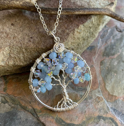 Aquamarine Crystal Tree of Life Necklace Sterling Silver,March Birthstone Necklace,April Birthstone Necklace, Aquamarine Crystal Necklace