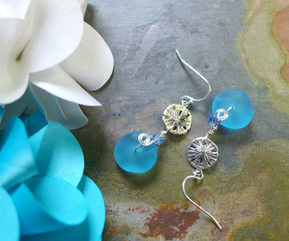 Blue Sea Beach Glass Earrings in Sterling Silver Earwires, Blue Sea Glass Earrings, Beach Weddings, Blue earrings-You Pick Your Favorite