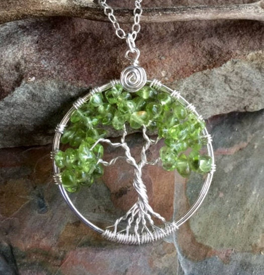 Peridot Tree of Life Pendant Necklace with Sterling Silver Chain -Wire Wrapped Peridot Gemstone Necklace- August Birthstone Pendant Necklace