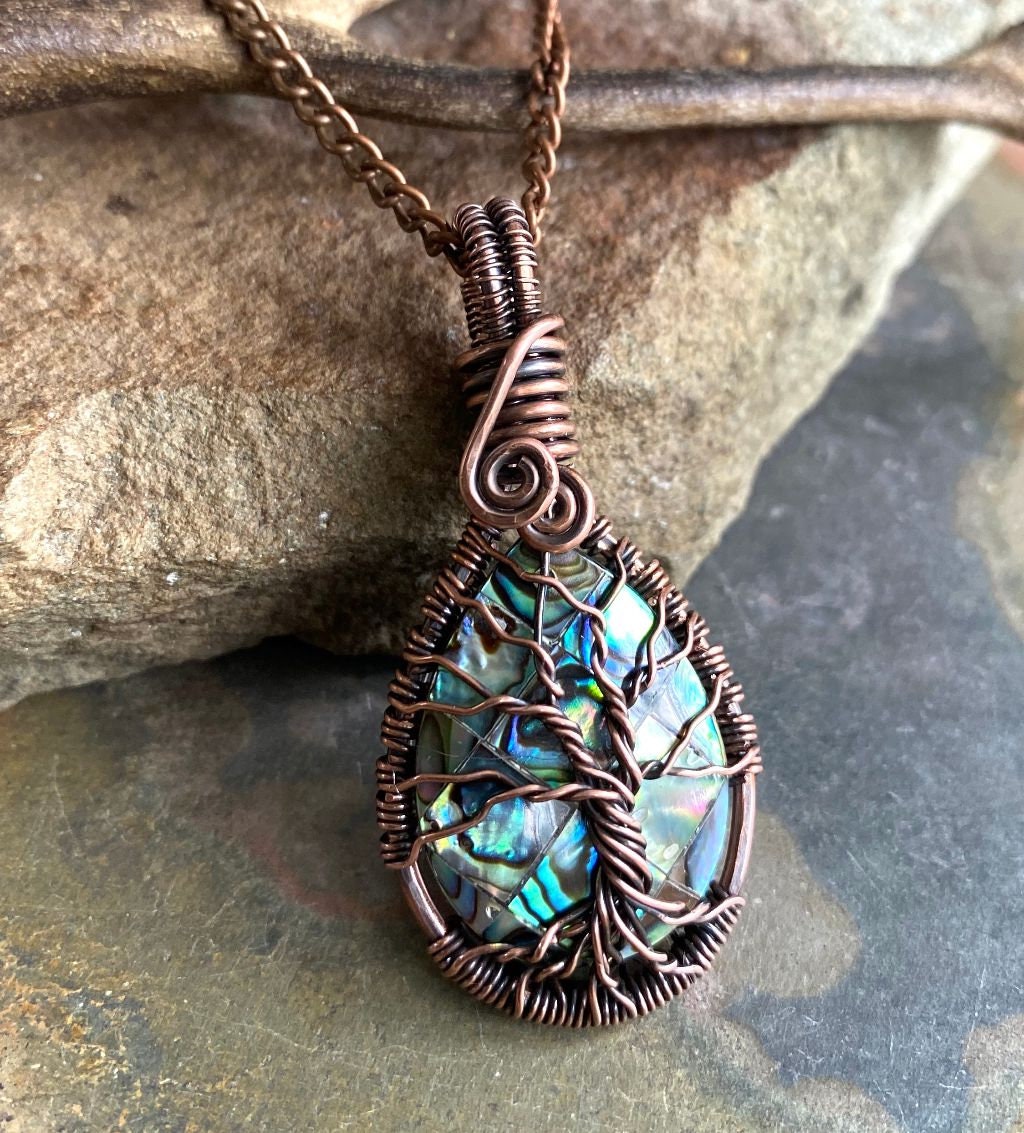 Antiqued Copper Wire Wrapped Abalone Pendant Necklace, Abalone Tree of Life Necklace,Abalone Necklace,Gifts for Her, Abalone Pendant