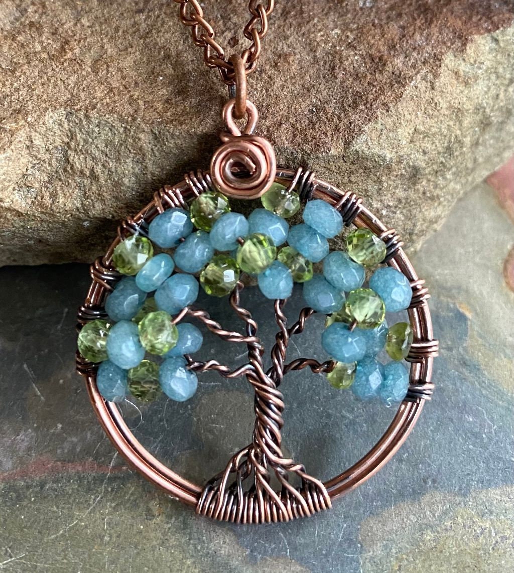 Aquamarine/Peridot Tree of Life Necklace,Mini/Petite Aquamarine/Peridot Tree of Life Antiqued Copper Necklace,March Birthstone Necklace