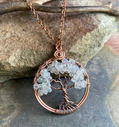 Moonstone Tree Necklace in Antiqued Copper, April and June Birthstone Necklace,Moonstone/Quartz Necklace,Holiday Tree of Life Necklace